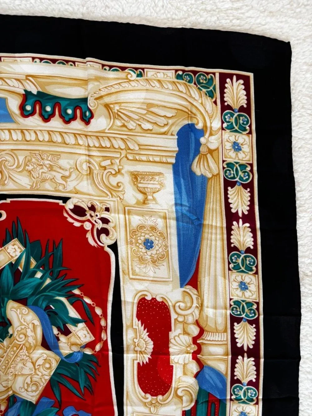 Celine Vintage Black Silk Scarf Ancient Theater Lyre Pattern Large Square